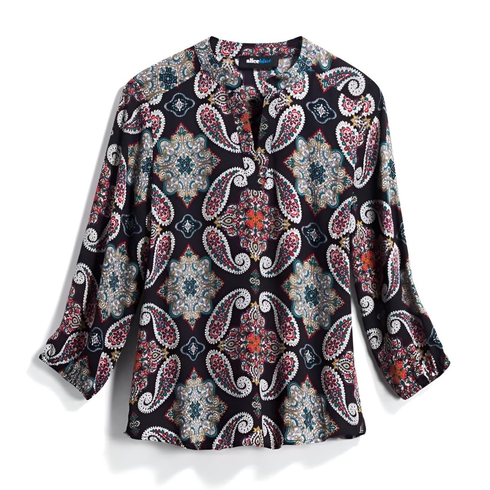 Alice Blue Black Paisley Print Bourverie Split Neck Long Sleeve Blouse